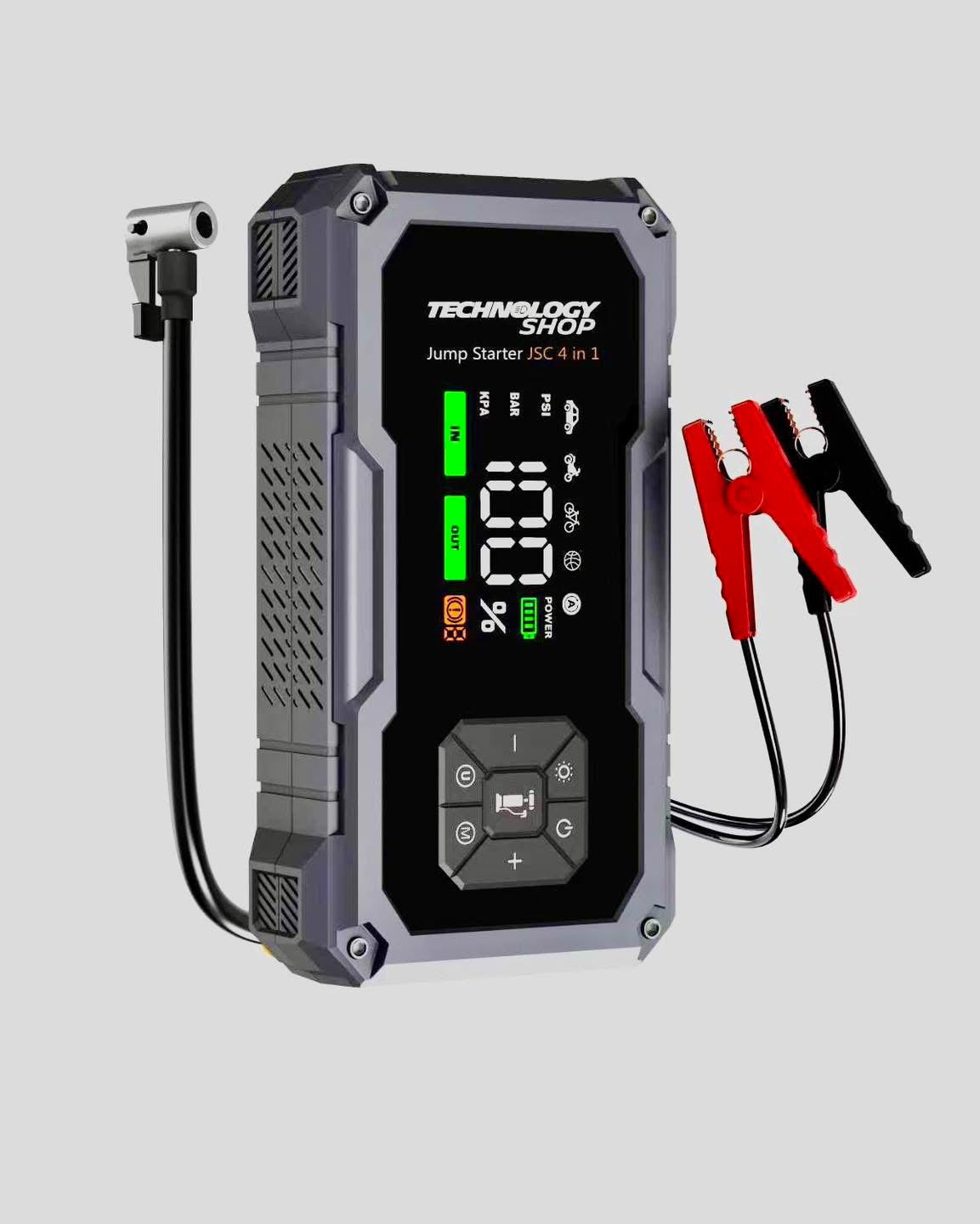 Technologie Shop jump starter with digital display on a light gray background