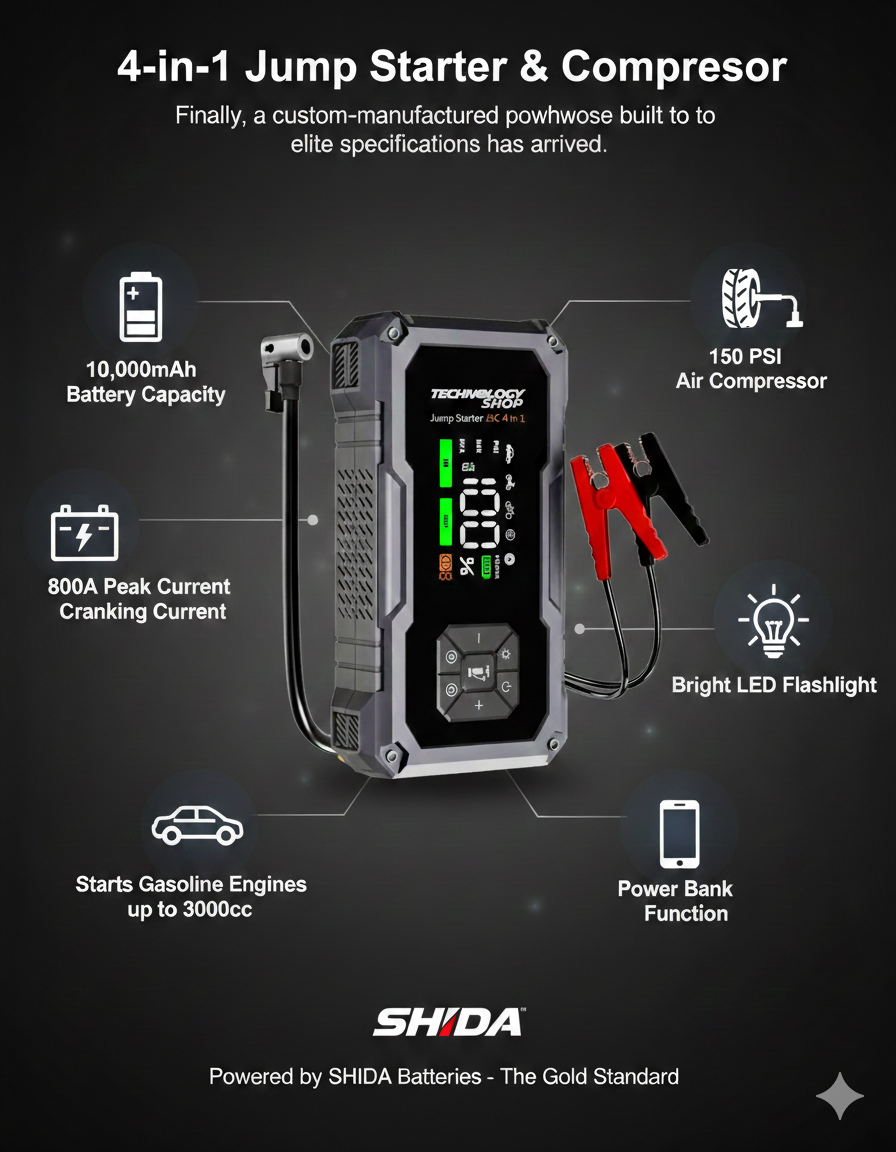 4-in-1 jump starter and compressor with features highlighted on a black background