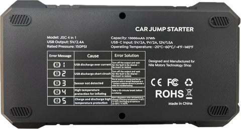 Car jump starter with specifications and branding on a black background
