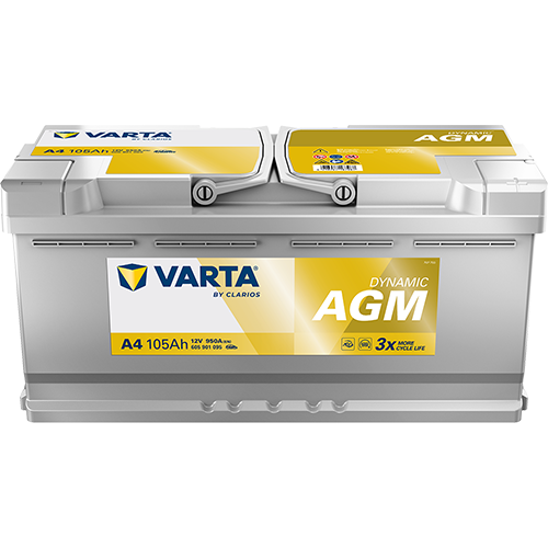 VARTA AGM DIN 105 automotive battery with positive terminal on top, marked with A4 605901095 950A 105Ah 12V. Egypt