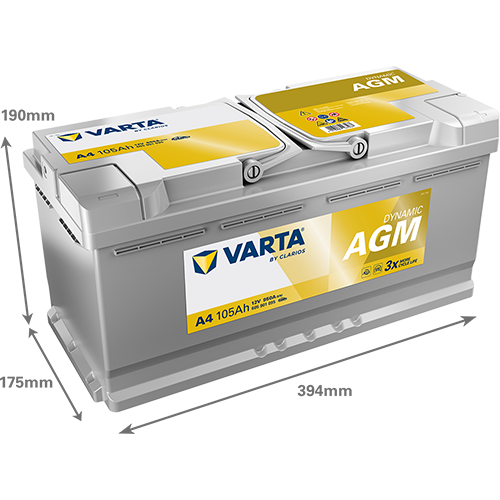VARTA AGM DIN 105 automotive battery with positive terminal on top, marked with A4 605901095 950A 105Ah 12V. Egypt