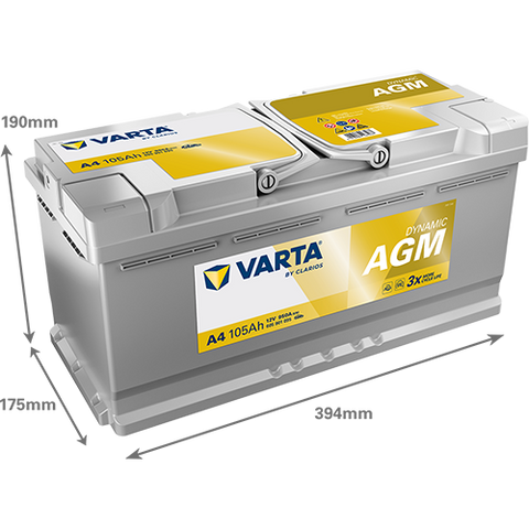 VARTA AGM DIN 105 automotive battery with positive terminal on top, marked with A4 605901095 950A 105Ah 12V. Egypt