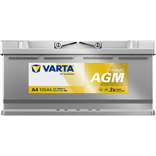 VARTA AGM DIN 105 automotive battery with positive terminal on top, marked with A4 605901095 950A 105Ah 12V. Egypt
