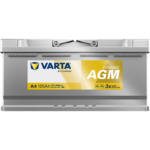 VARTA AGM DIN 105 automotive battery with positive terminal on top, marked with A4 605901095 950A 105Ah 12V. Egypt