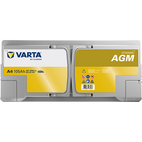 VARTA AGM DIN 105 automotive battery with positive terminal on top, marked with A4 605901095 950A 105Ah 12V. Egypt