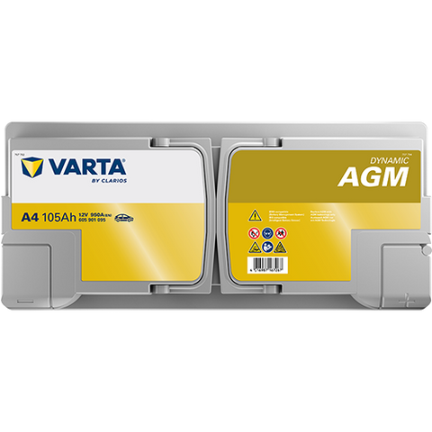 VARTA AGM DIN 105 automotive battery with positive terminal on top, marked with A4 605901095 950A 105Ah 12V. Egypt