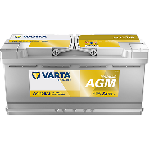 VARTA AGM DIN 105 automotive battery with positive terminal on top, marked with A4 605901095 950A 105Ah 12V. Egypt