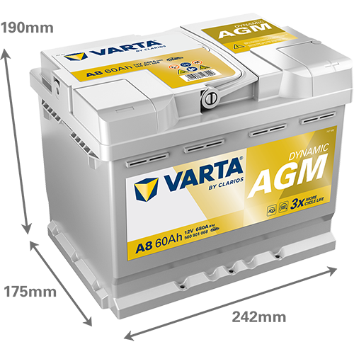 VARTA AGM DIN 60 automotive battery with positive terminal on top, marked with A8 560901068 680A 60Ah 12V. Egypt