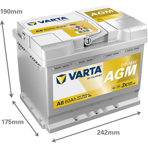VARTA AGM DIN 60 automotive battery with positive terminal on top, marked with A8 560901068 680A 60Ah 12V. Egypt