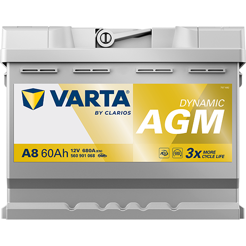 VARTA AGM DIN 60 automotive battery with positive terminal on top, marked with A8 560901068 680A 60Ah 12V. Egypt