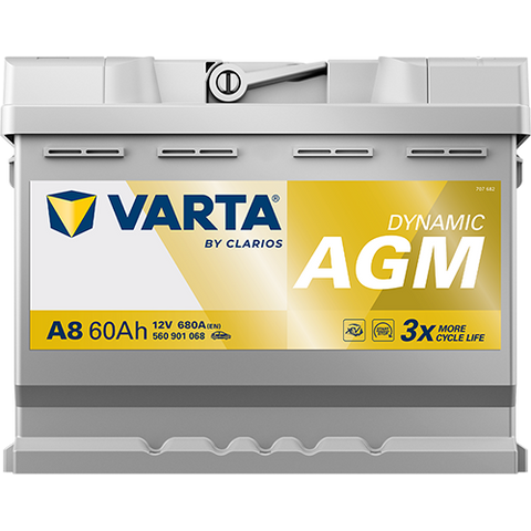 VARTA AGM DIN 60 automotive battery with positive terminal on top, marked with A8 560901068 680A 60Ah 12V. Egypt