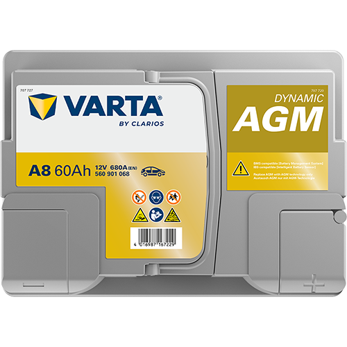 VARTA AGM DIN 60 automotive battery with positive terminal on top, marked with A8 560901068 680A 60Ah 12V. Egypt