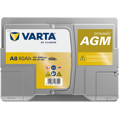 VARTA AGM DIN 60 automotive battery with positive terminal on top, marked with A8 560901068 680A 60Ah 12V. Egypt