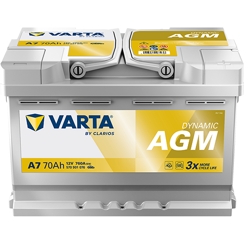 VARTA AGM DIN 70 automotive battery with positive terminal on top, marked with A7 570901076 760A 70Ah 12V. Egypt
