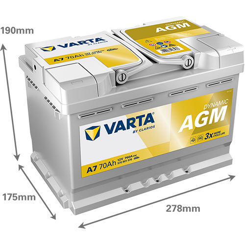 VARTA AGM DIN 70 automotive battery with positive terminal on top, marked with A7 570901076 760A 70Ah 12V. Egypt