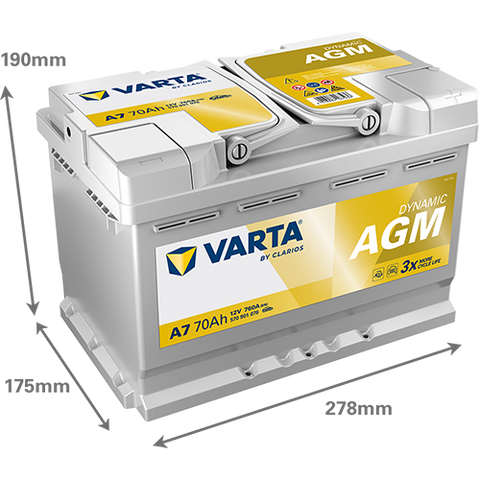 VARTA AGM DIN 70 automotive battery with positive terminal on top, marked with A7 570901076 760A 70Ah 12V. Egypt
