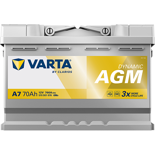 VARTA AGM DIN 70 automotive battery with positive terminal on top, marked with A7 570901076 760A 70Ah 12V. Egypt