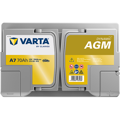 VARTA AGM DIN 70 automotive battery with positive terminal on top, marked with A7 570901076 760A 70Ah 12V. Egypt