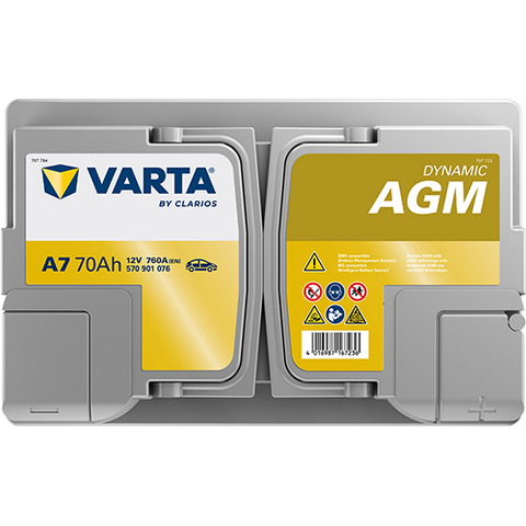 VARTA AGM DIN 70 automotive battery with positive terminal on top, marked with A7 570901076 760A 70Ah 12V. Egypt