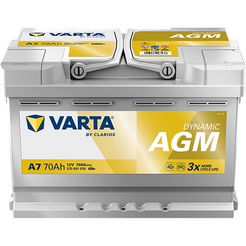 VARTA AGM DIN 70 automotive battery with positive terminal on top, marked with A7 570901076 760A 70Ah 12V. Egypt