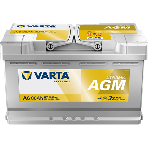 VARTA AGM DIN 80 automotive battery with positive terminal on top, marked with A6 580901080 800A 80Ah 12V. Egypt