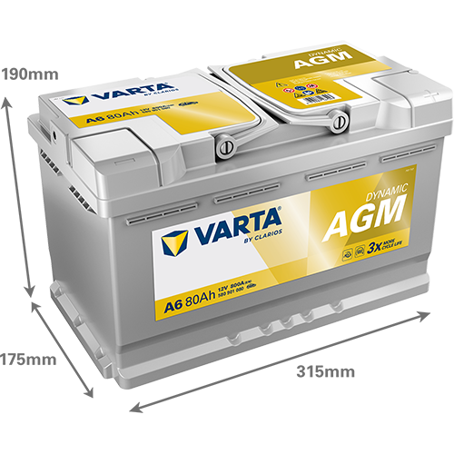 VARTA AGM DIN 80 automotive battery with positive terminal on top, marked with A6 580901080 800A 80Ah 12V. Egypt