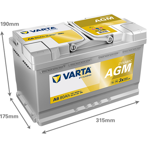 VARTA AGM DIN 80 automotive battery with positive terminal on top, marked with A6 580901080 800A 80Ah 12V. Egypt