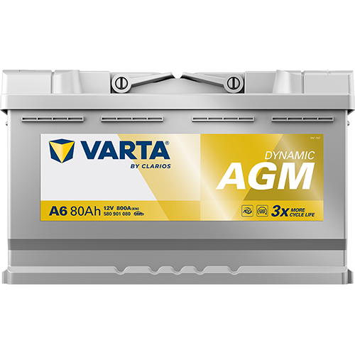 VARTA AGM DIN 80 automotive battery with positive terminal on top, marked with A6 580901080 800A 80Ah 12V. Egypt