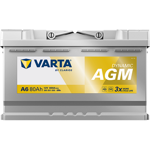 VARTA AGM DIN 80 automotive battery with positive terminal on top, marked with A6 580901080 800A 80Ah 12V. Egypt