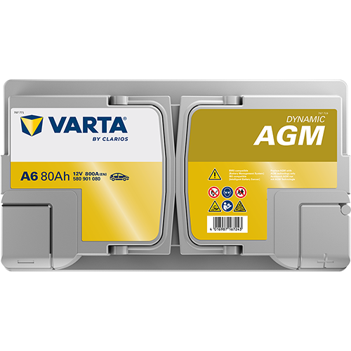 VARTA AGM DIN 80 automotive battery with positive terminal on top, marked with A6 580901080 800A 80Ah 12V. Egypt