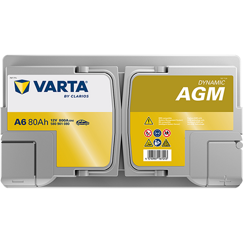 VARTA AGM DIN 80 automotive battery with positive terminal on top, marked with A6 580901080 800A 80Ah 12V. Egypt