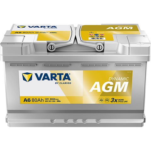 VARTA AGM DIN 80 automotive battery with positive terminal on top, marked with A6 580901080 800A 80Ah 12V. Egypt