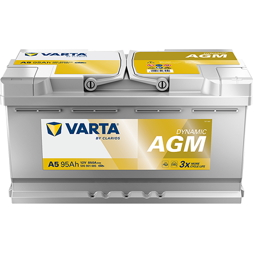 VARTA AGM DIN 95 automotive battery with positive terminal on top, marked with A5 595901085 850A 95Ah 12V. Egypt
