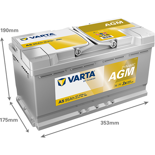 VARTA AGM DIN 95 automotive battery with positive terminal on top, marked with A5 595901085 850A 95Ah 12V. Egypt