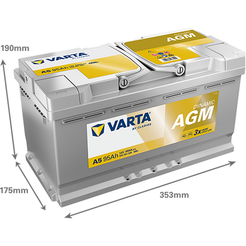 VARTA AGM DIN 95 automotive battery with positive terminal on top, marked with A5 595901085 850A 95Ah 12V. Egypt