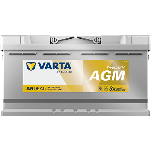 VARTA AGM DIN 95 automotive battery with positive terminal on top, marked with A5 595901085 850A 95Ah 12V. Egypt