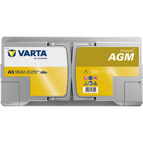 VARTA AGM DIN 95 automotive battery with positive terminal on top, marked with A5 595901085 850A 95Ah 12V. Egypt