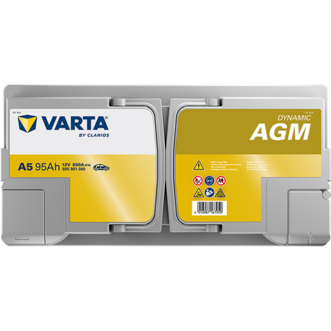 VARTA AGM DIN 95 automotive battery with positive terminal on top, marked with A5 595901085 850A 95Ah 12V. Egypt