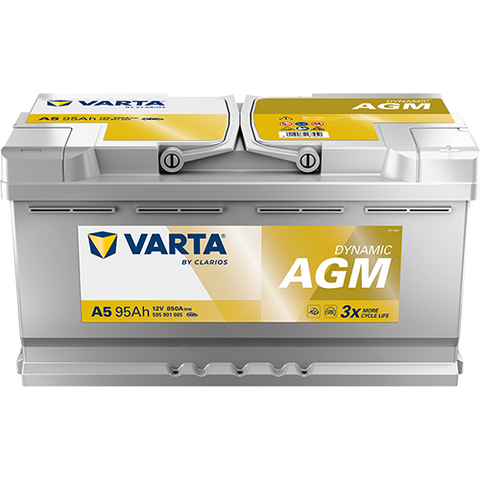 VARTA AGM DIN 95 automotive battery with positive terminal on top, marked with A5 595901085 850A 95Ah 12V. Egypt