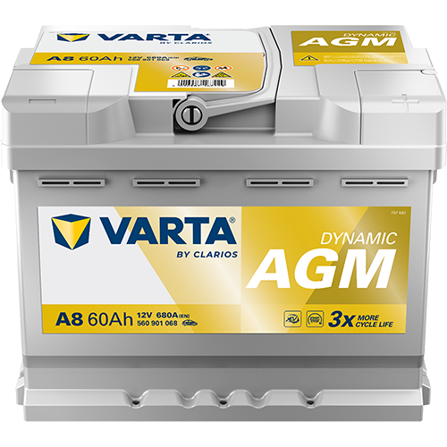 VARTA AGM DIN 60 automotive battery with positive terminal on top, marked with A8 560901068 680A 60Ah 12V. Egypt