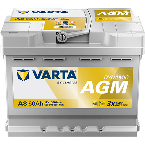 VARTA AGM DIN 60 automotive battery with positive terminal on top, marked with A8 560901068 680A 60Ah 12V. Egypt