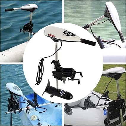 Electric outboard motor for small boats with various attachments on a water background. EGYPT
