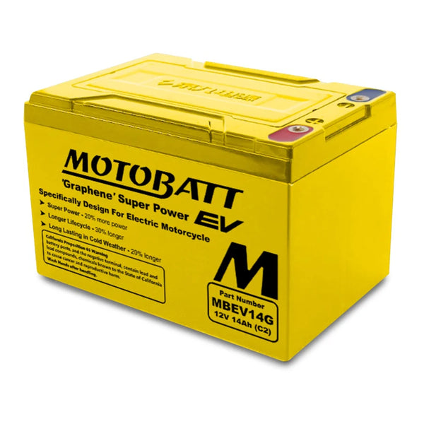 Yellow Motobatt battery for electric motorcycles on a white background
