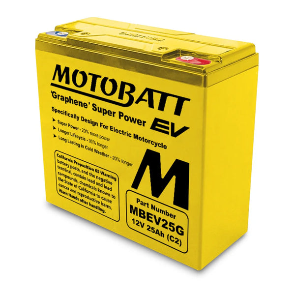 Yellow Motobatt battery for electric motorcycles on a white background