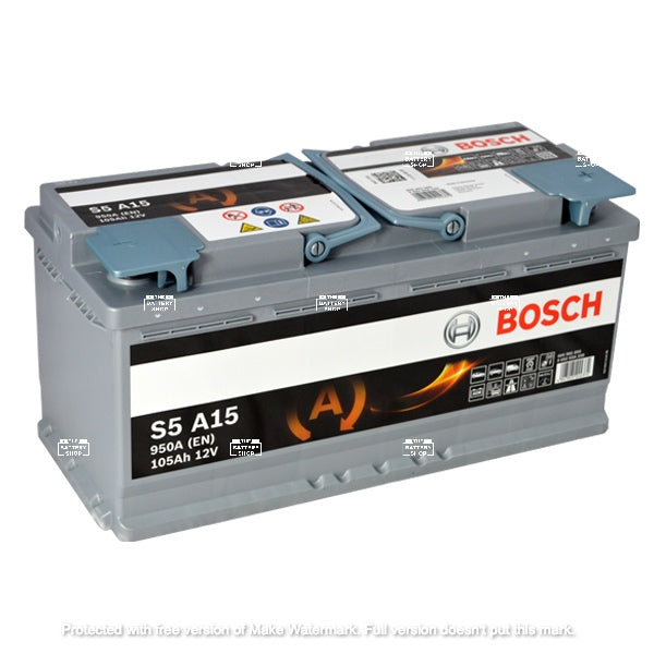 BOSCH AGM DIN 105 automotive battery with positive terminal on top, marked with S5 A15 900A 105Ah 12V.