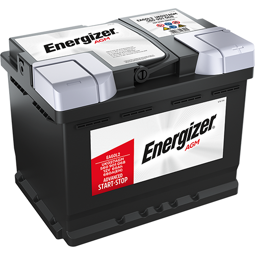ENERGIZER AGM DIN 60 automotive battery with positive terminal on top, marked with EA60L2 680A 60Ah 12V. Egypt