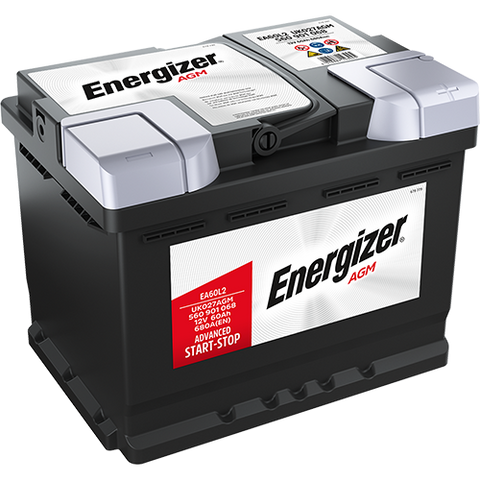 ENERGIZER AGM DIN 60 automotive battery with positive terminal on top, marked with EA60L2 680A 60Ah 12V. Egypt