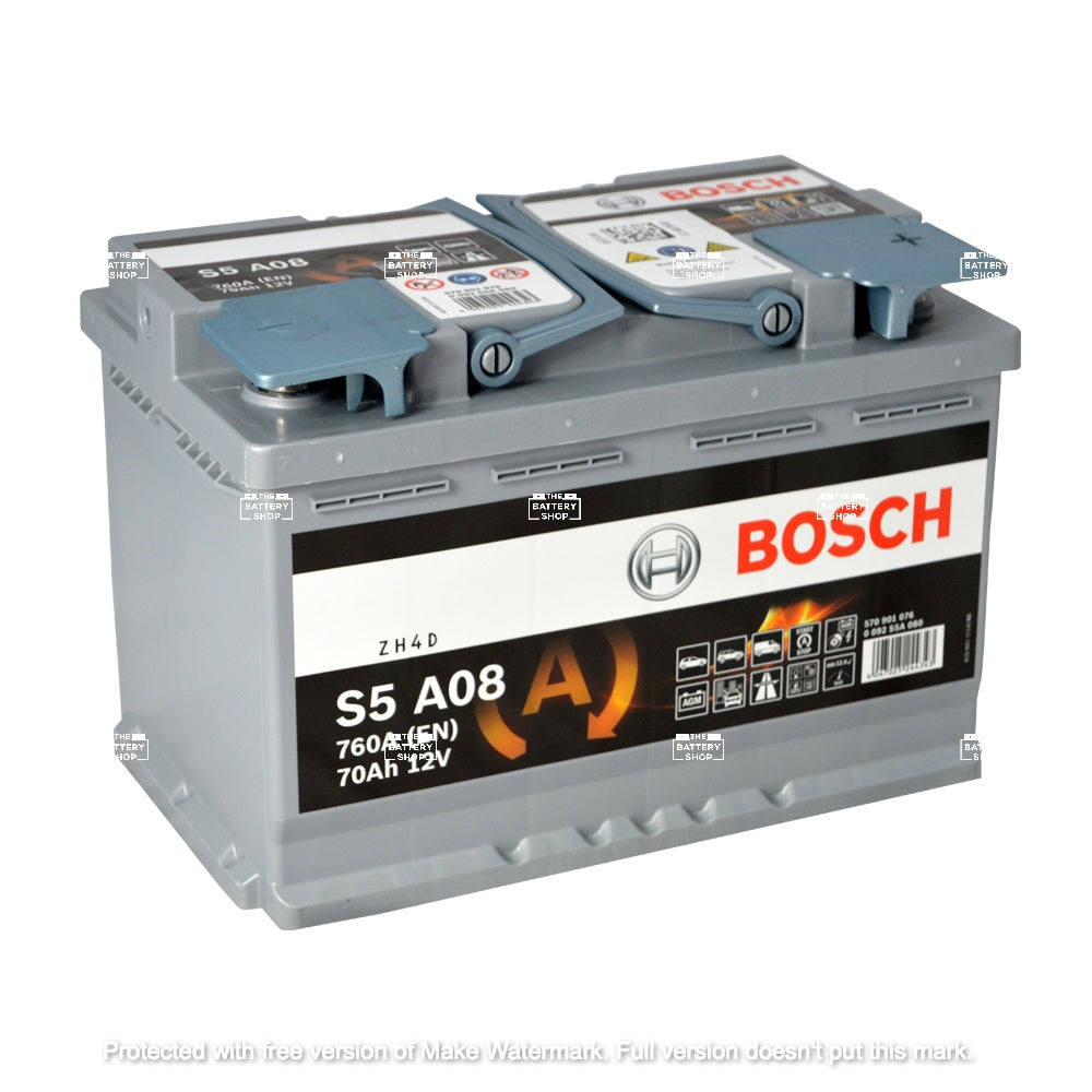 BOSCH AGM DIN 70 automotive battery with positive terminal on top, marked with S5 A08 760A 70Ah 12V.