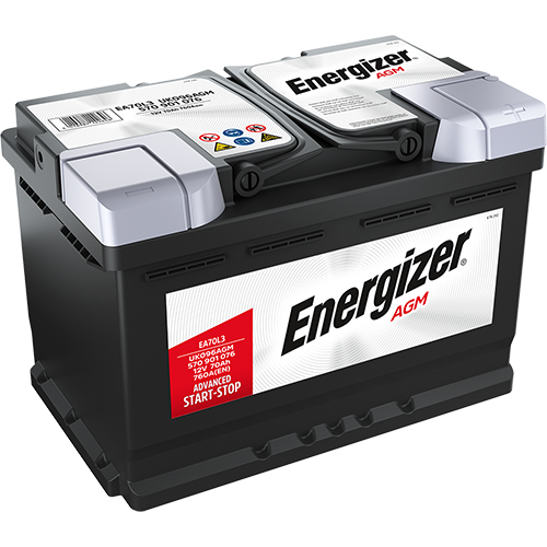 ENERGIZER AGM DIN 70 automotive battery with positive terminal on top, marked with EA70L3 760A 70Ah 12V. Egypt