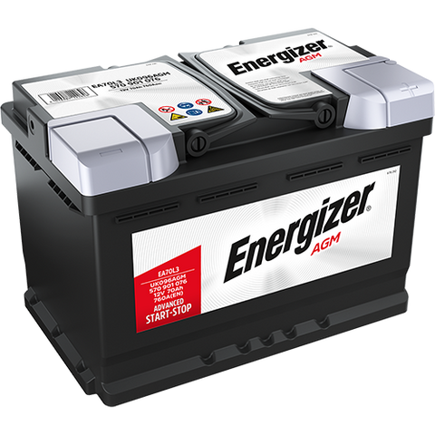 ENERGIZER AGM DIN 70 automotive battery with positive terminal on top, marked with EA70L3 760A 70Ah 12V. Egypt